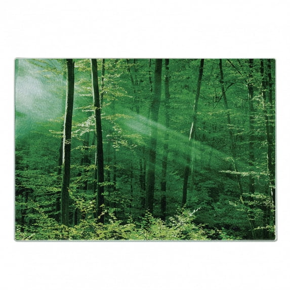 Forest Cutting Board, Sun Rays Bursting into the Forest Trees Foliage Misty Morning Serenity Picture, Decorative Tempered Glass Cutting and Serving Board, Small Size, Green White, by Ambesonne
