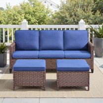 PARKWELL 3PCS Patio Conversation Set - Outdoor Wicker Couch with Ottomans,Rattan Sofa Furniture with No-Slip Cushions for Porch Balcony Backyard,Brown/Blue