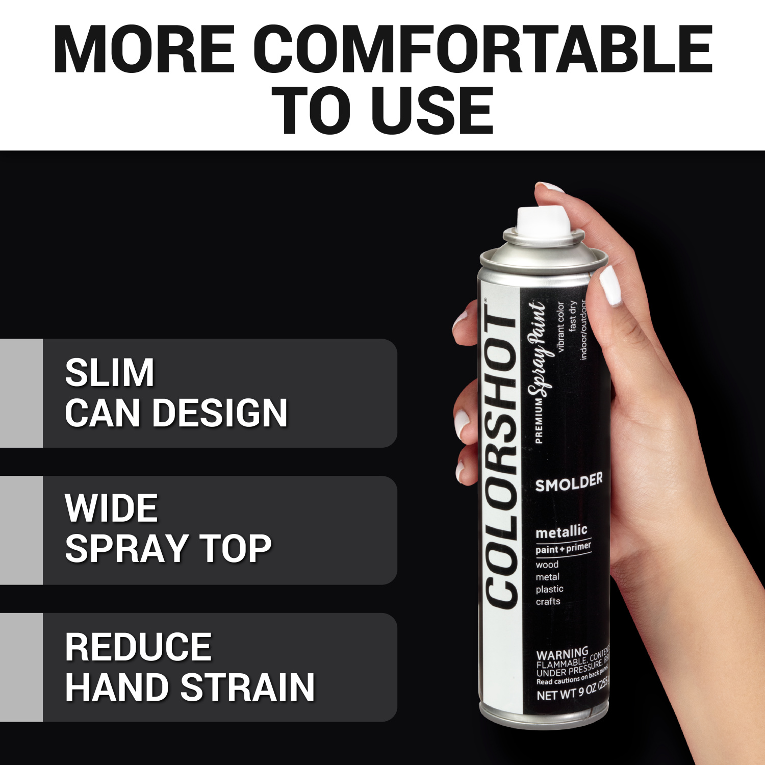 (2 pack) COLORSHOT Metallic Spray Paint, Smolder (Black), 9 oz, Fast-Drying Acrylic Paint, Indoor & Outdoor Use
