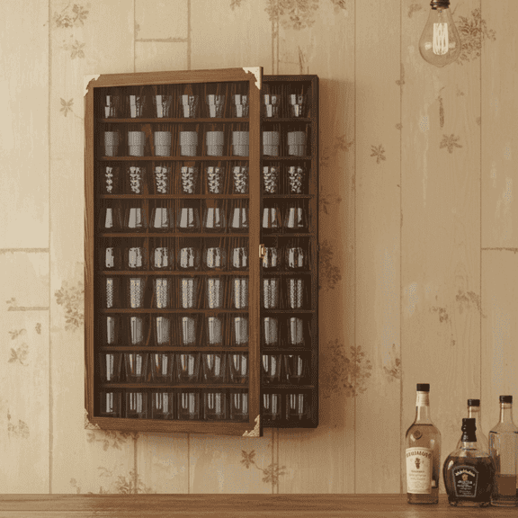 Ymokee Solid Wood 72 Slots Wall-Mounted Shot Glass Display Case with Acrylic Lockable Door & Removable Shelves for Houshold, 26.85'' x 17.5'' x 3.35'', Brown