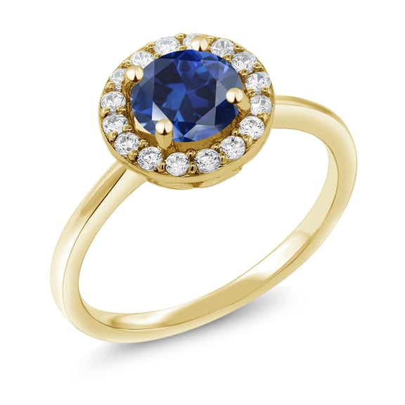 Gem Stone King 18K Yellow Gold Plated Silver Engagement Ring Created Sapphire and Moissanite (1.84 Cttw) (Size 5)