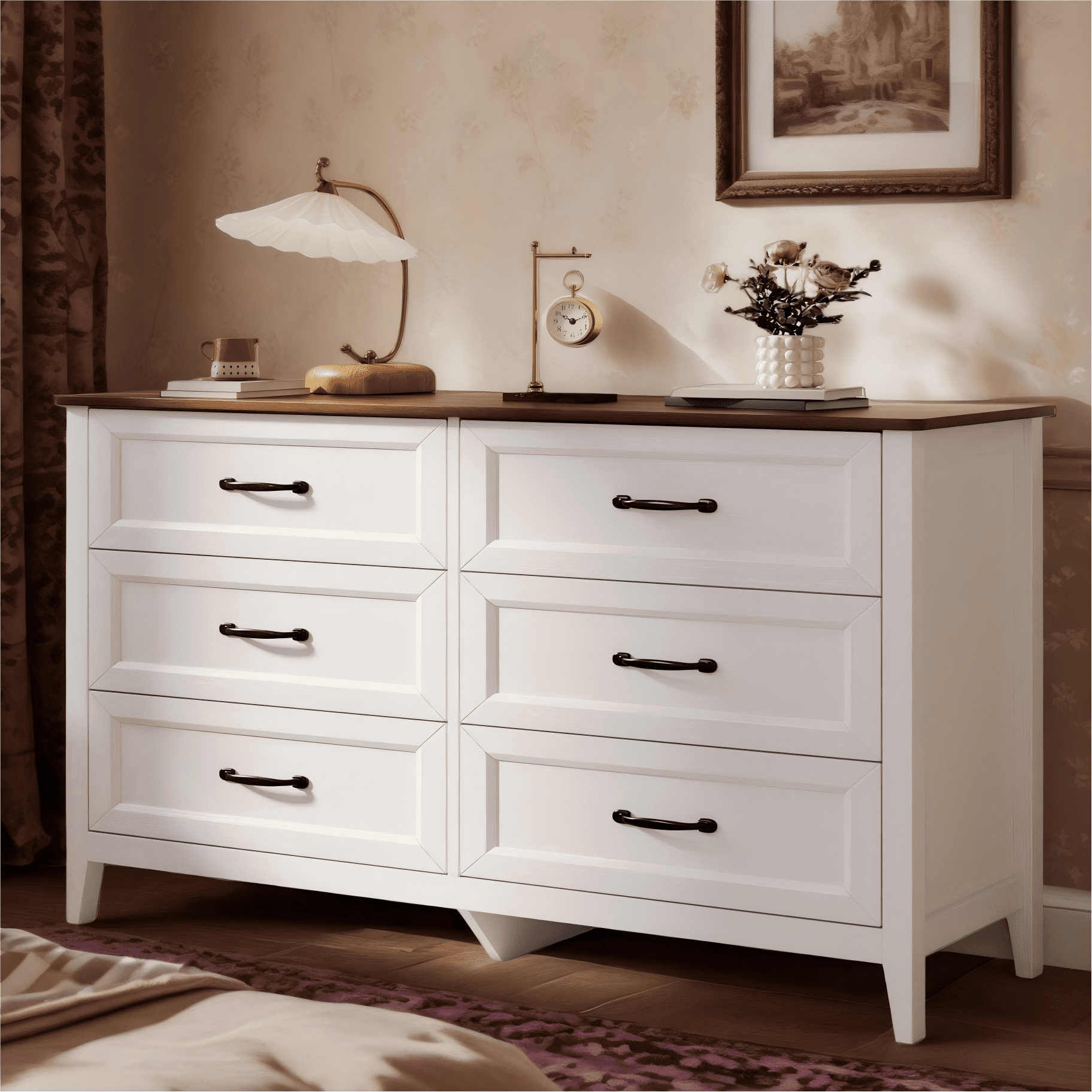 Dresser for Bedroom, Lofka 47.2" Wide Dresser TV Stand with 6 Drawers, Chests of Drawers for Living Room, White