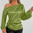 thumbnail image 2 of aidice T Shirts for Women Satin off Shoulder Long Puff Sleeve Side Drawstring Ruched Casual Shirts, 2 of 5