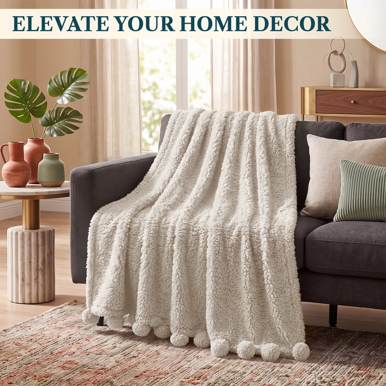 Pavilia Sherpa Throw Blanket with Pom Pom, Beige 50x60 photo 4