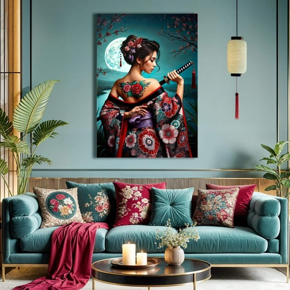 Moonlit Geisha Elegant Samurai Canvas Print - Traditional Japanese Wall Art for Home Decor