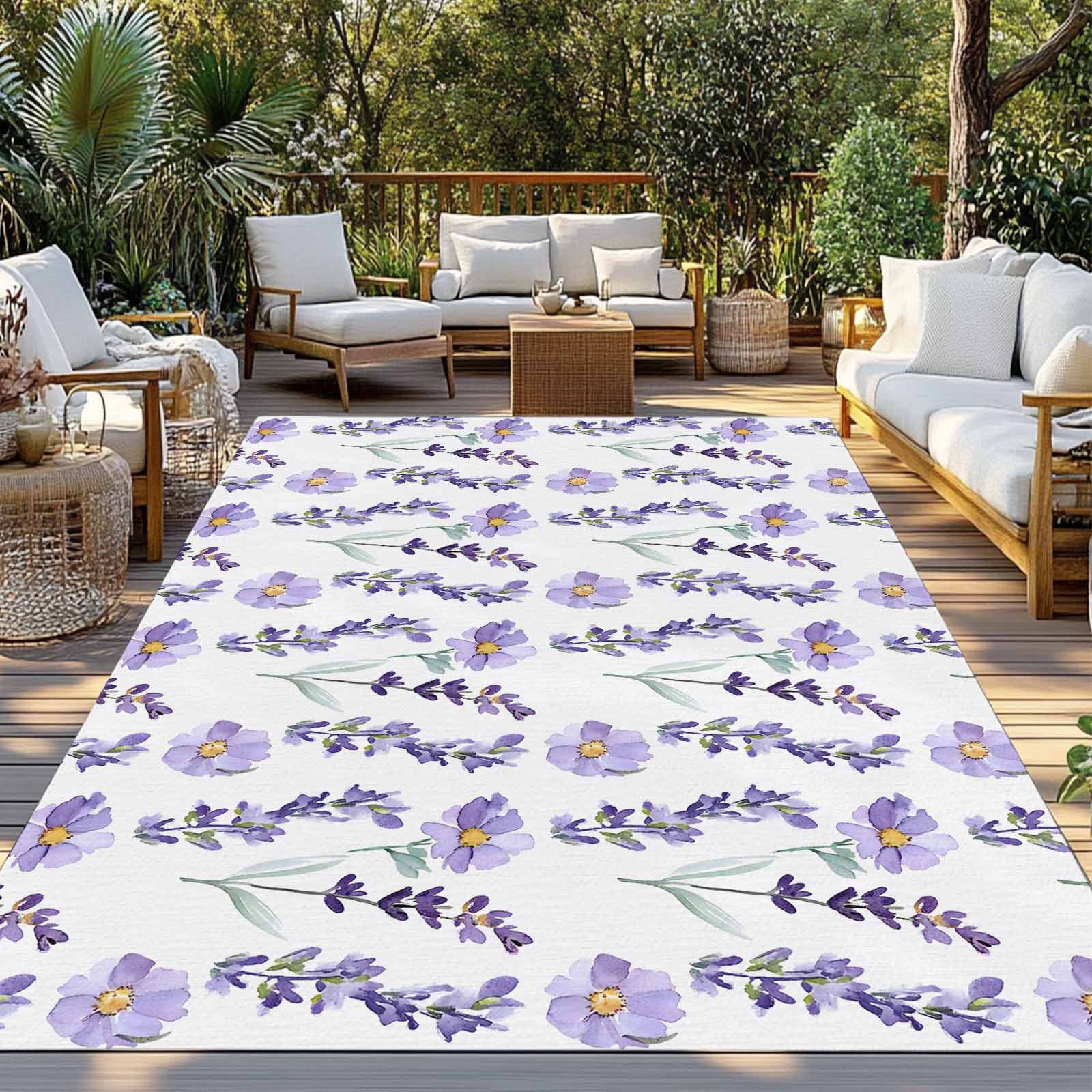 Lavender Floral Outdoor Rug 6x9 Ft - Reversible Patio Rug Outdoor Camping Rugs, Summer Pastoral Flowers Botanical Washable Indoor Outdoor Area Rugs, Non-Slip Outdoor Carpet Runner for Deck/Porch
