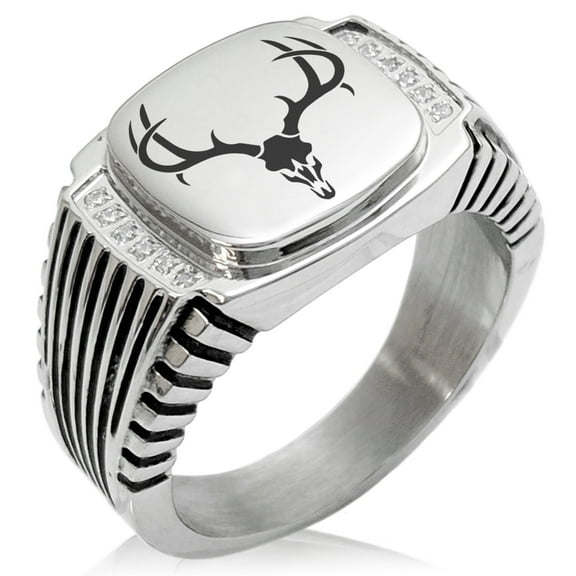 Stainless Steel Colossal Antlers CZ Ribbed Needle Stripe Pattern Biker Style Polished Ring