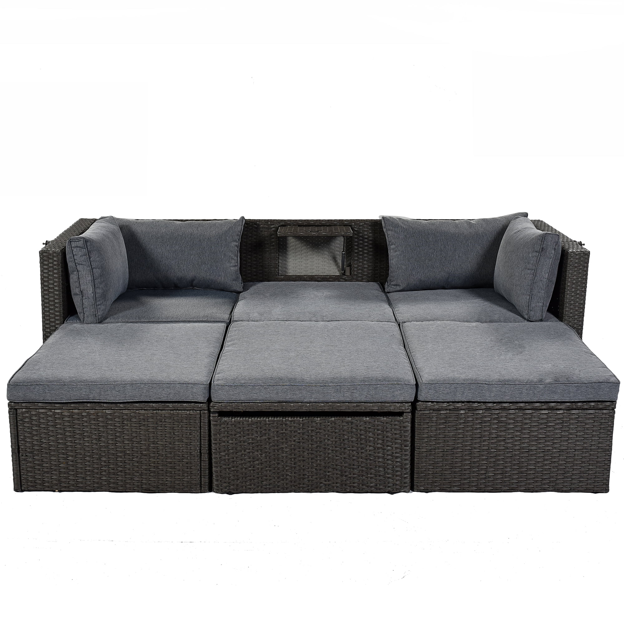 MAYEERTY Patio Rectangle Outdoor Sofa Wicker Sectional Retractable Canopy Washable Cushions