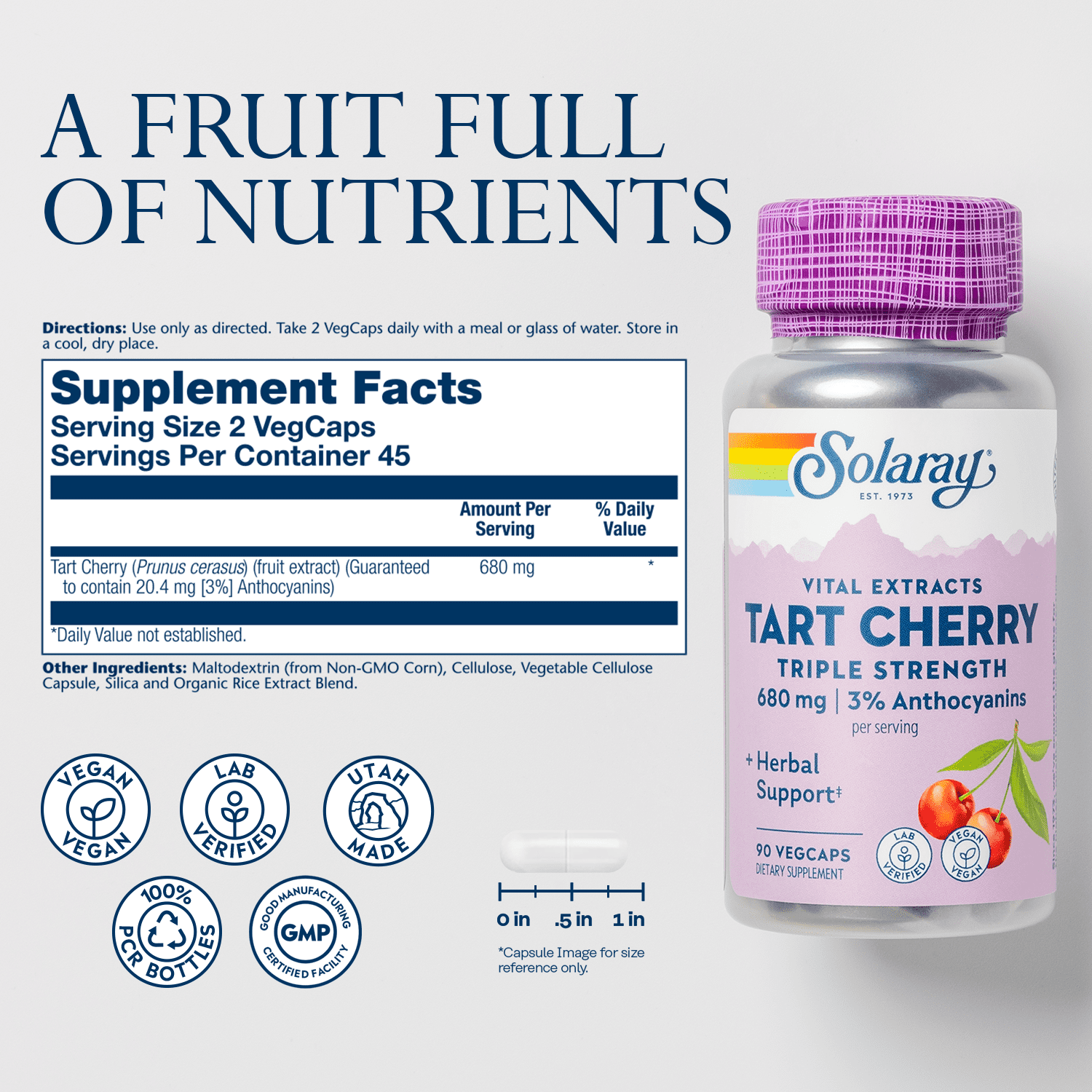 Solaray  Triple Strength Tart Cherry Fruit Extract | Helps Support Healthy Uric Acid Levels w/ Antioxidants & Anthocyanins | Non-GMO & Vegan | 90ct