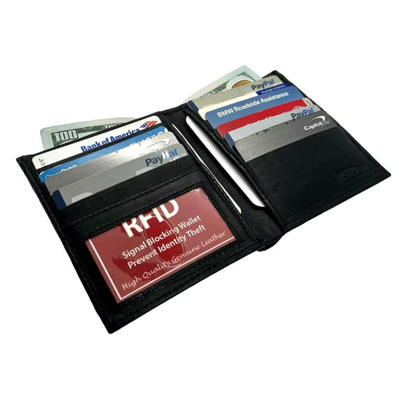RFID Blocking Black Genuine Leather Men's Bifold Hipster Wallet Credit Card Holder Front Pocket