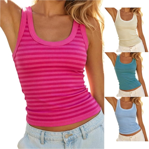 WAYUTE Tank Tops for Women Square Neck Striped Sleeveless Knit Crop Tank Top Soft Stretchy Fit Casual Camisole Summer Layering,Red,L
