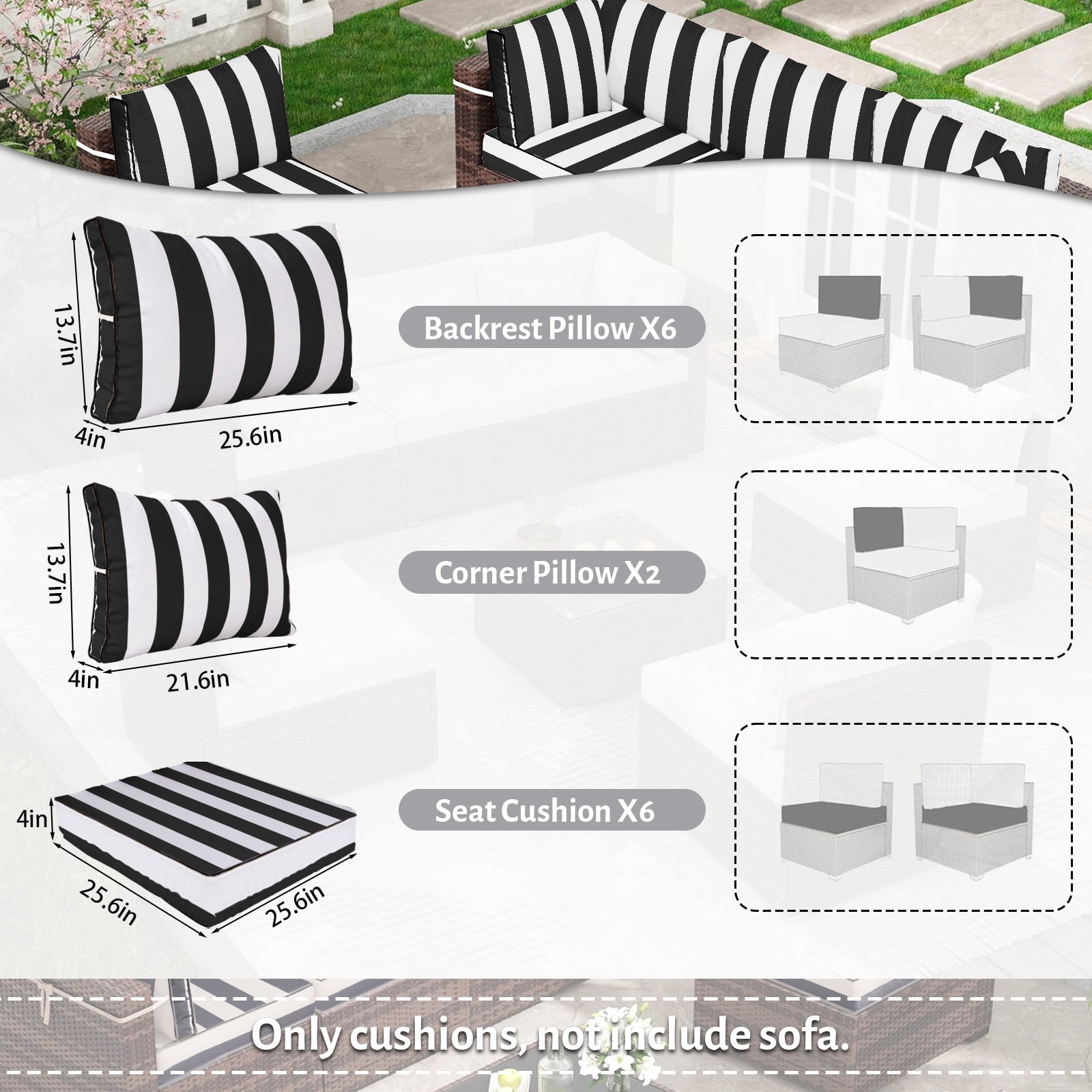HONEY HOME 14 Piece Patio Sectional Cushions Relacement, 4" Outdoor Furniture Couch Cushion Fits 6-Seat Rattan Conversation Set, Waterproof, Fade-Resist