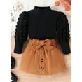 thumbnail image 2 of Bslissey 9M-4T Kids Baby Girls Skirts Sets Long Puff Sleeve Turtleneck T-shirt + Elastic Waist Skirt + Belt 3Pcs Outfits Toddler Fall Casual Daily Clothes, 2 of 9