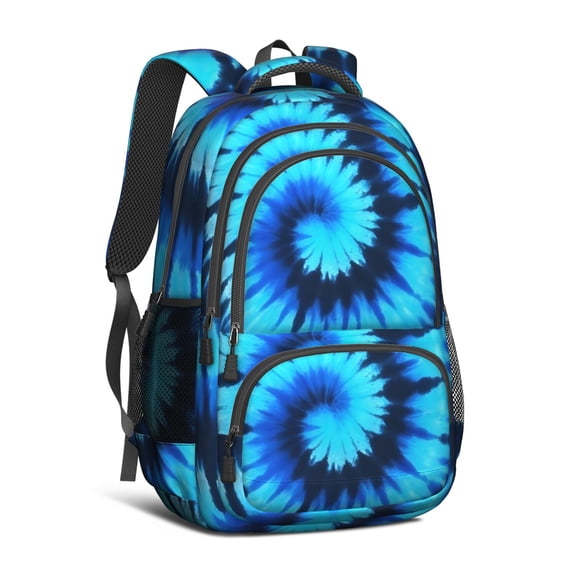 Blue and Black Tie Dye Pattern Backpack for School, Cute School Bag with Adjustable Shoulder Straps and Padded Back, 16.9"x12.6"x5.9"