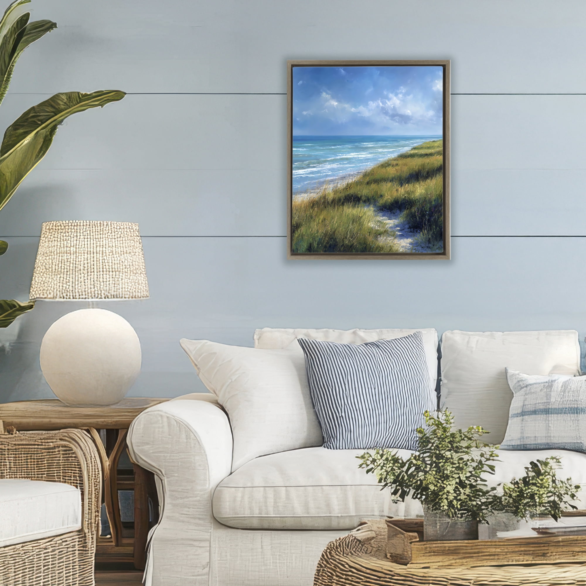 Stupell Industries Coastal Grass & Rolling Waves Brown Framed Floater Canvas Wall Art, design by Franklyn Gregory