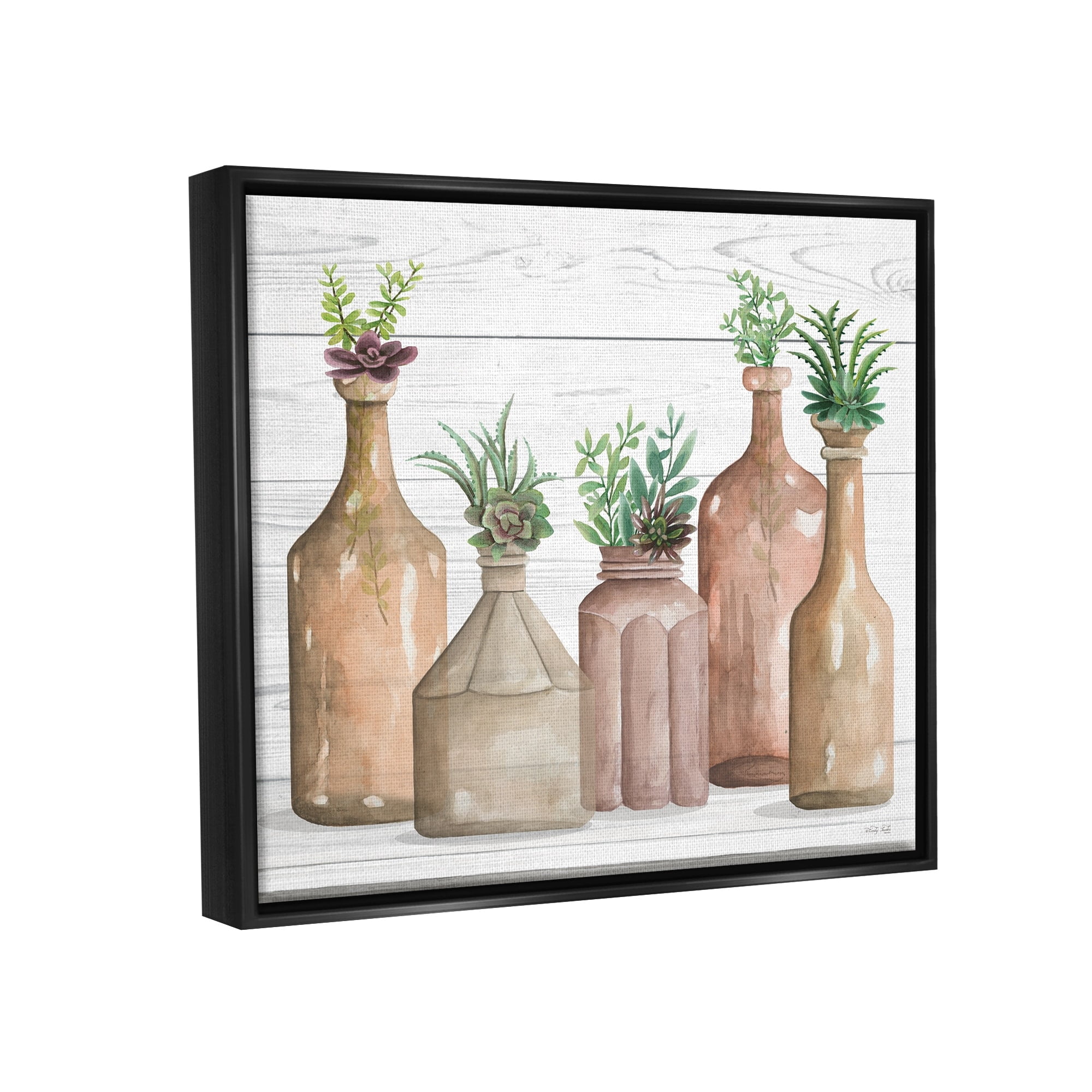 Stupell Industries Succulents Herbs Rustic Cottage Jars Leaves Arrangement Graphic Art Jet Black Floating Framed Canvas Print Wall Art, Design by Cindy Jacobs