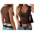 thumbnail image 2 of Women'S Deep V Neck Cropped Tank Tops Summer Slim Fitted Top Basic Sleeveless Shirt Brown M, 2 of 7