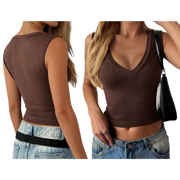 Women'S Deep V Neck Cropped Tank Tops Summer Slim Fitted Top Basic Sleeveless Shirt
