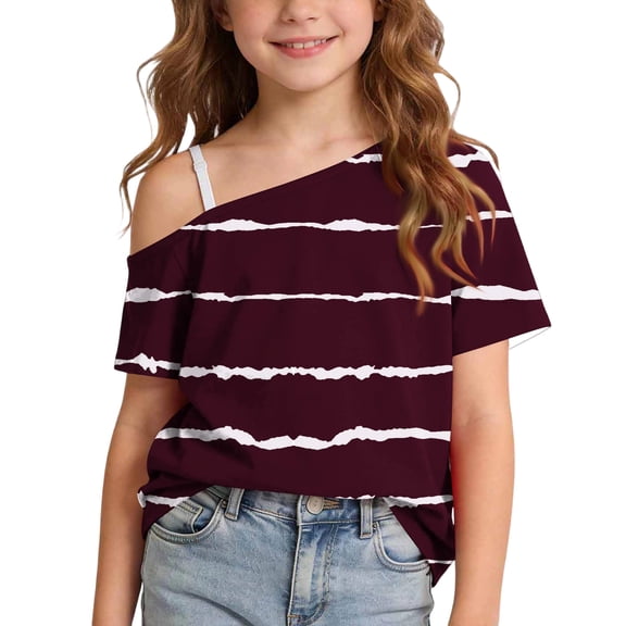 Maean Striped Shirts for Kids Girls Short Sleeve off Shoudler Tops Loose Summer Tee Fashion Tshirts