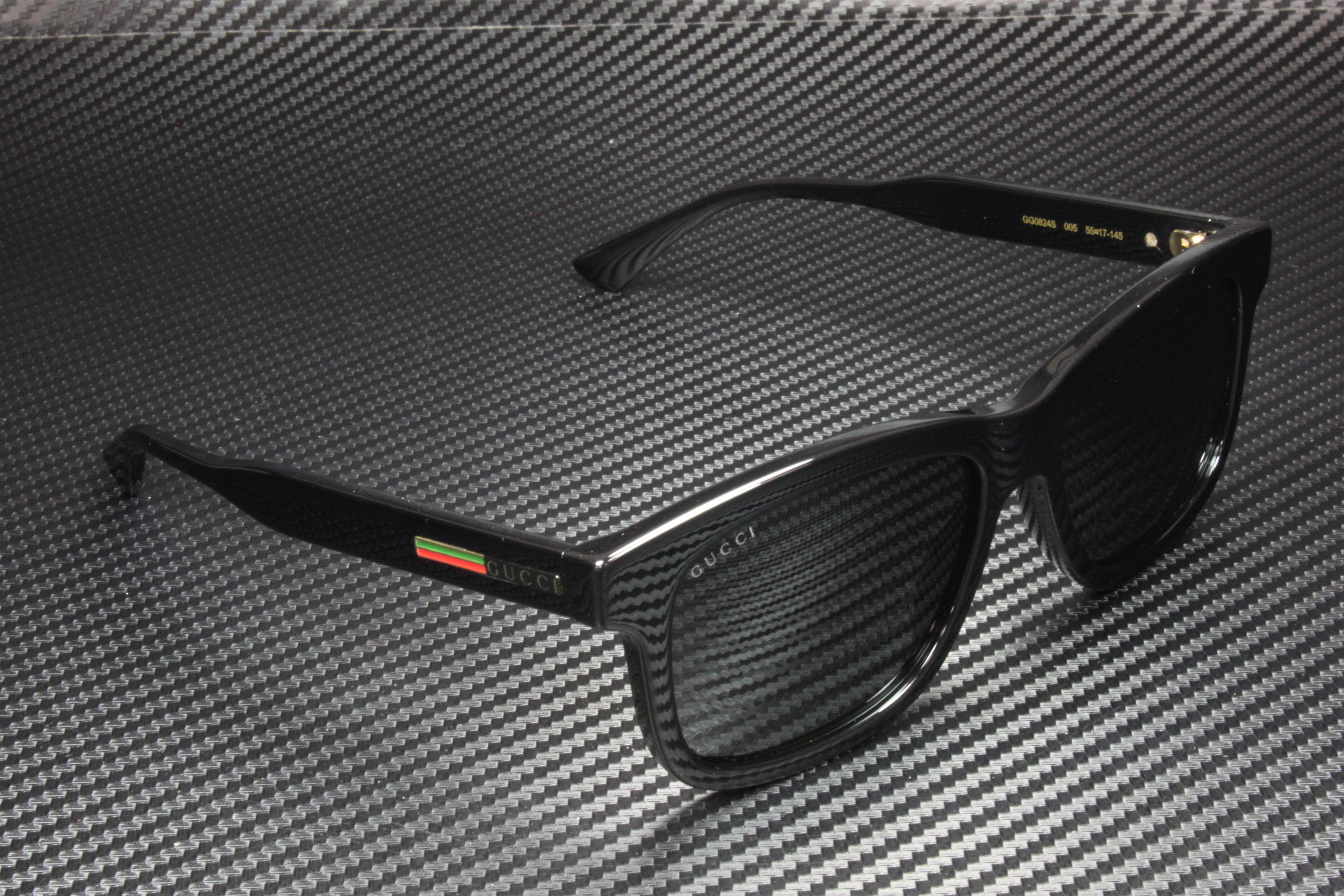 GUCCI GG0824S 005 Rectangular Squared Black Shiny Grey 55 mm Men's Sunglasses