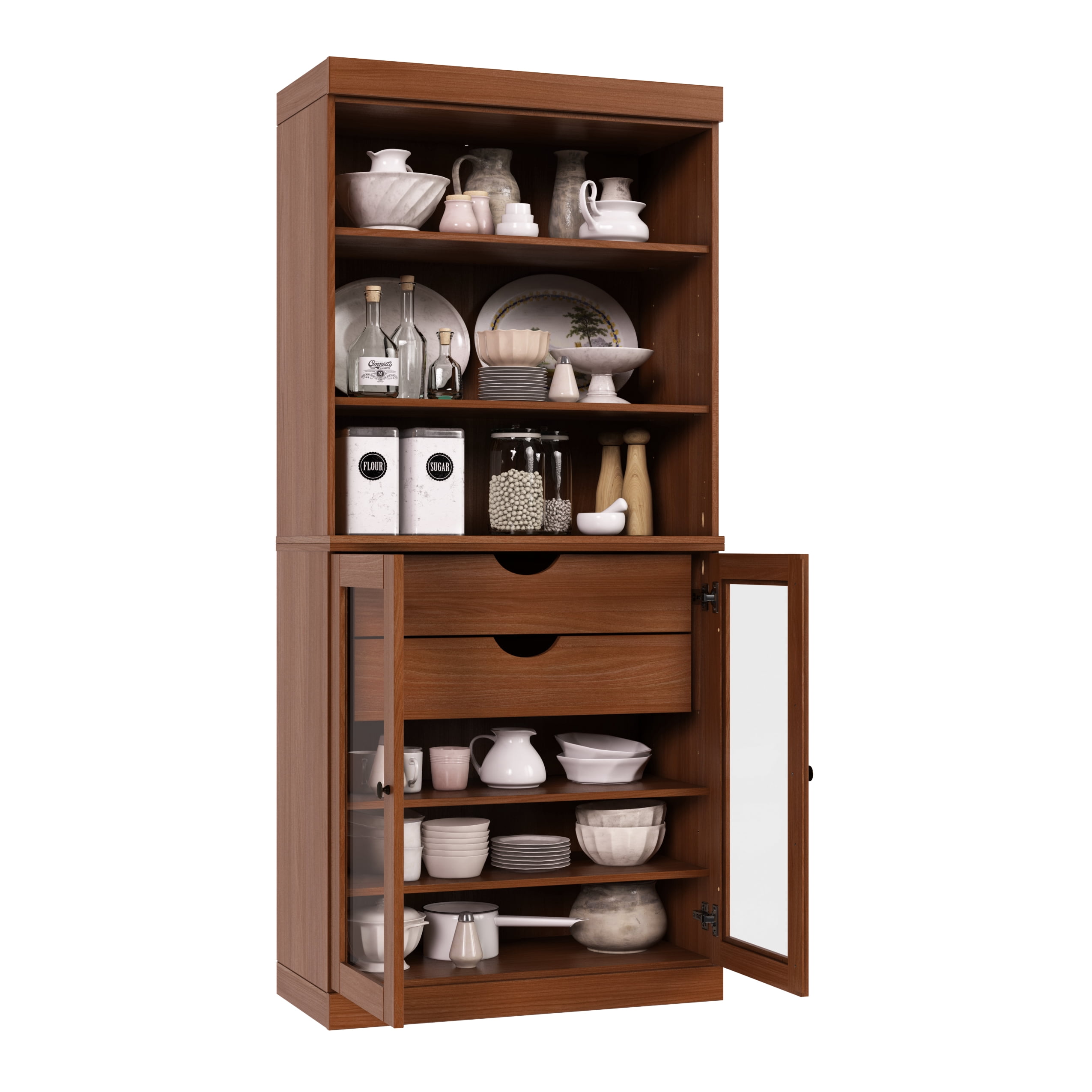 Palace Imports 100% Solid Wood 32" Kitchen Pantry Storage Cabinet with Glass Doors, Adjustable Shelves and 2-Drawers, Mocha