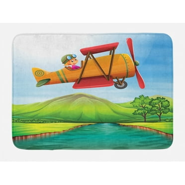 Cartoon Airplane Bath Mat, Girl Flying Biplane over the River Green Field with Hills and Trees, Plush Bathroom Decor Mat with Non Slip Backing, 29.5" X 17.5", Multicolor, by Ambesonne