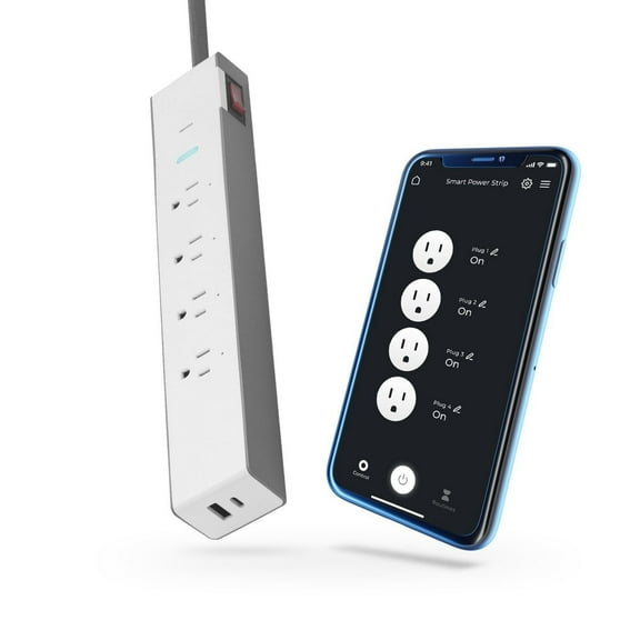 Wi-Fi Smart 4-Outlet Grounded Independently Controlled Surge Protector 2 USB Port Power Strip, No Hub Required, Voice Activated, 4ft Cord, White