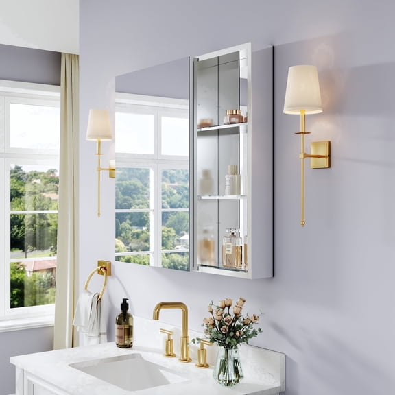 ANGELES HOME 36" x 30" Aluminum Bathroom Medicine Cabinet and Open Shelf Set, Adjustable Glass Shelves, Soft-Close Doors, Recessed or Surface Mount