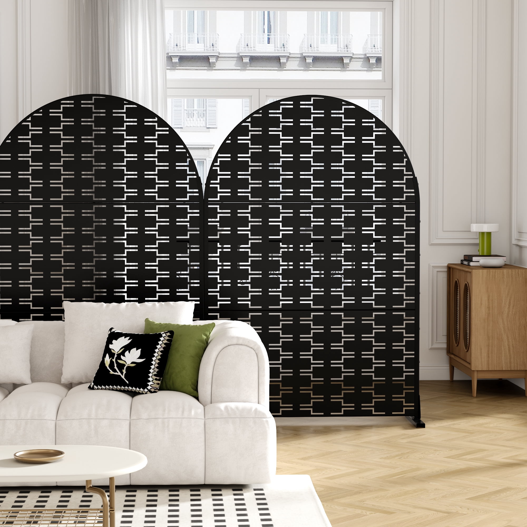 MAYEERTY 72*47" Outdoor Black Arched Metal Privacy Panel Screen for Patio, Brick Pattern