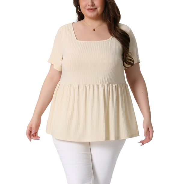Camisas de mujer de talla grande Agnes Orinda, blusas de peplum sólido, cuello cuadrado, estilo babydoll, 1X beige