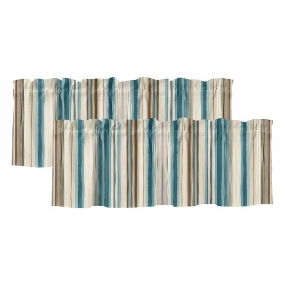 Turquoise Beige Valances for Windows, Boho Vertical Stripes Bohemian Retro Light Filtering Kitchen Curtains, Rod Pocket Window Valance Curtains for Living Room Bedroom, 42" W x 12" L, 2 Panels