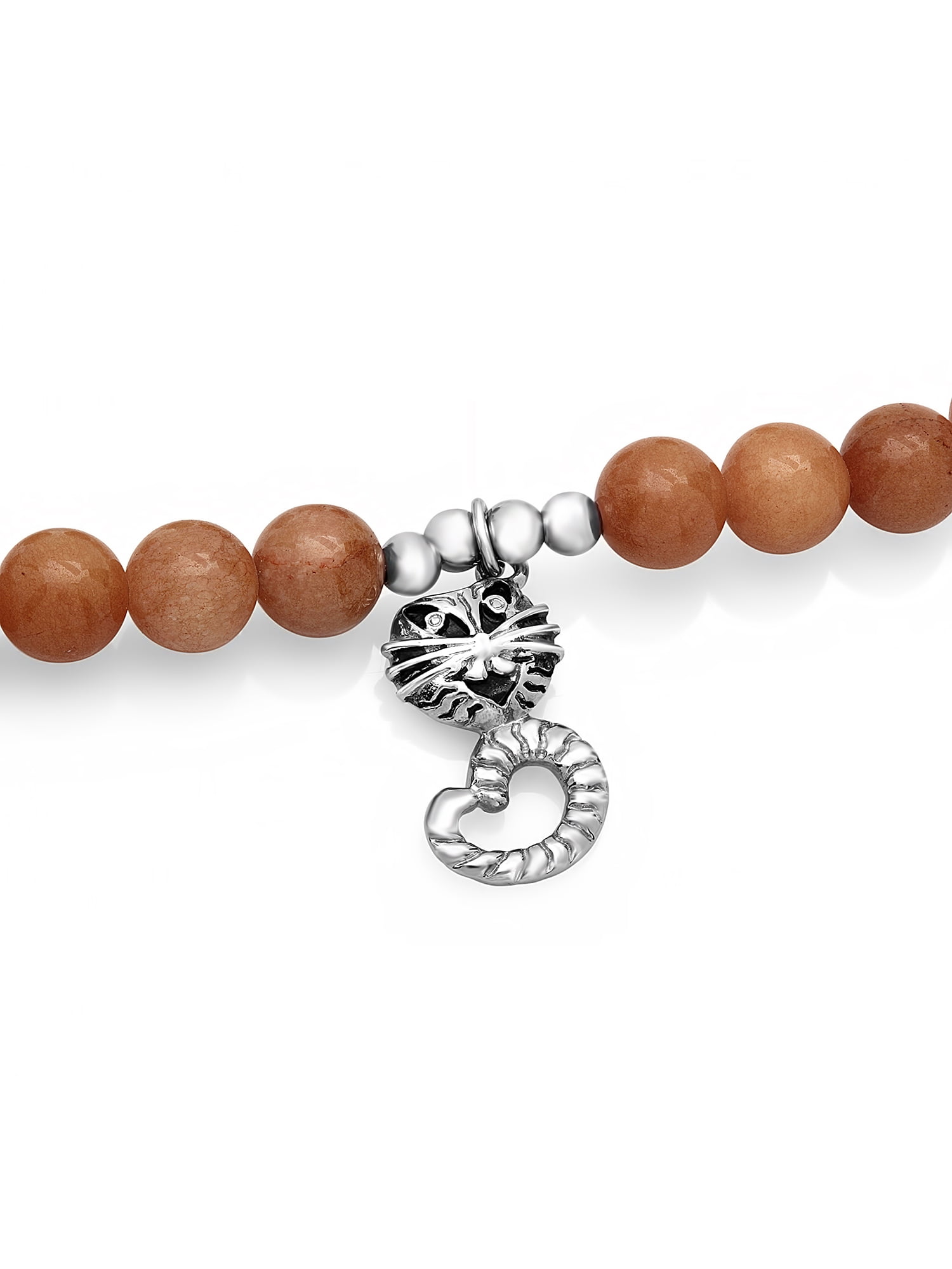 Womens Stainless Steel Glass Bead Cat Charm Bracelet