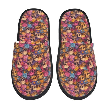 Balery Skull blue daisy flower Slient Indoor Furry Fleece Comfort House Shoes Soft Non-Slip Home Shoes Cotton slippers House Slippers-- Medium