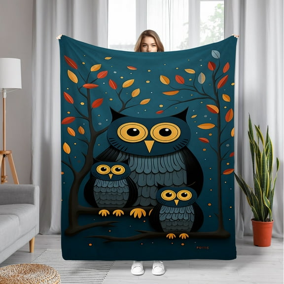 1pc Cozy Blue Owl Fleece Blanket – Soft, Durable & Machine Washable – Adorable Cartoon Owl Design with Autumn Leaves – Perfect for Sofa, Bed, or Outdoor Use
