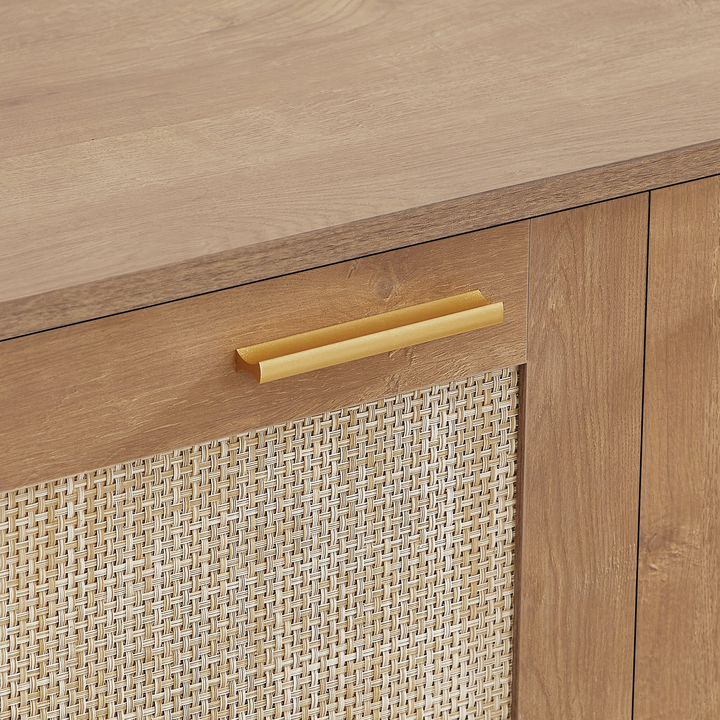 Sideboard Cabinet 64.6 Inch, Rattan Storage Buffet Cabinet with 4 Doors and Metal Handles, Woven Wood Storage for Living Room and Dining Room, Caramel