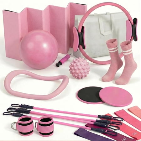 18 PCS Ultimate Pilates Kit, Premium Home Pilates Kit for Woman with Pilates Ring and Ball, Foldable Pilates Mat, Pilates Bands, Pilates Socks, Pilates Kit for Home Workouts for Starter