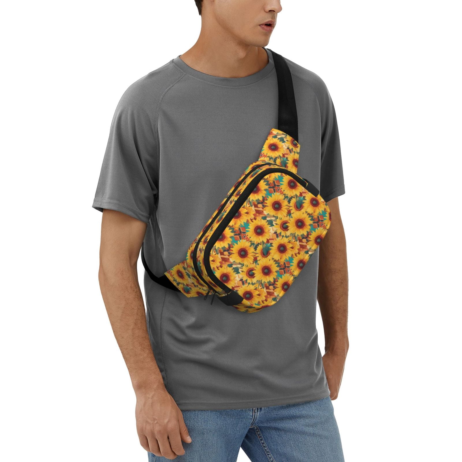 Picia Colorful Bohemian Sunflower Print Square Double-Layer Waist Bag Mini Adjustable Waist Belt Bag Exercise Running Travel Hiking