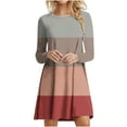 thumbnail image 1 of Robes d'Automne pour Femmes Col Rond Bloc de Couleur Robe à Manches Longues Décontractée Ample Tunique Évasée Mini Robes, 1 of 5