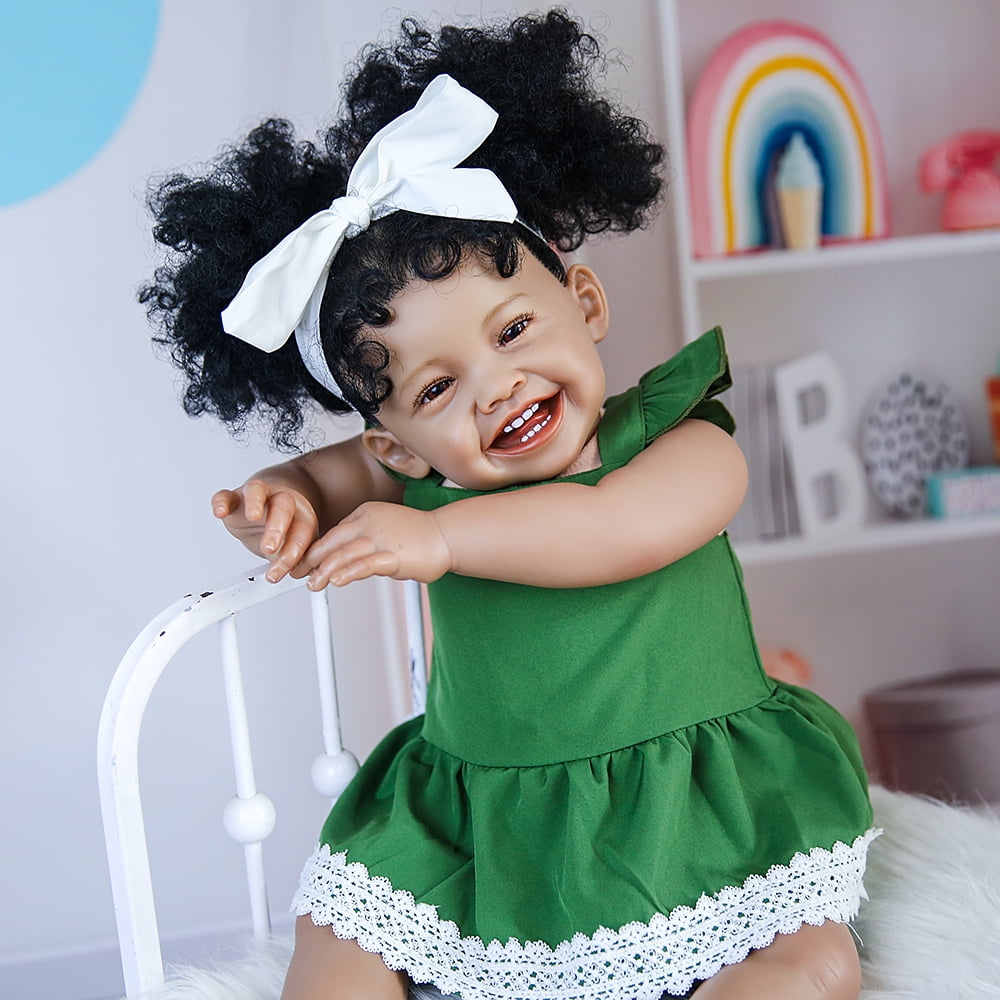 Nosadi 24" Reborn Baby Girl Dolls Black Skin Smile Face with Realisitc Silicone Limbs Filling with PP Cotton Birthday Gift for 3+ Years