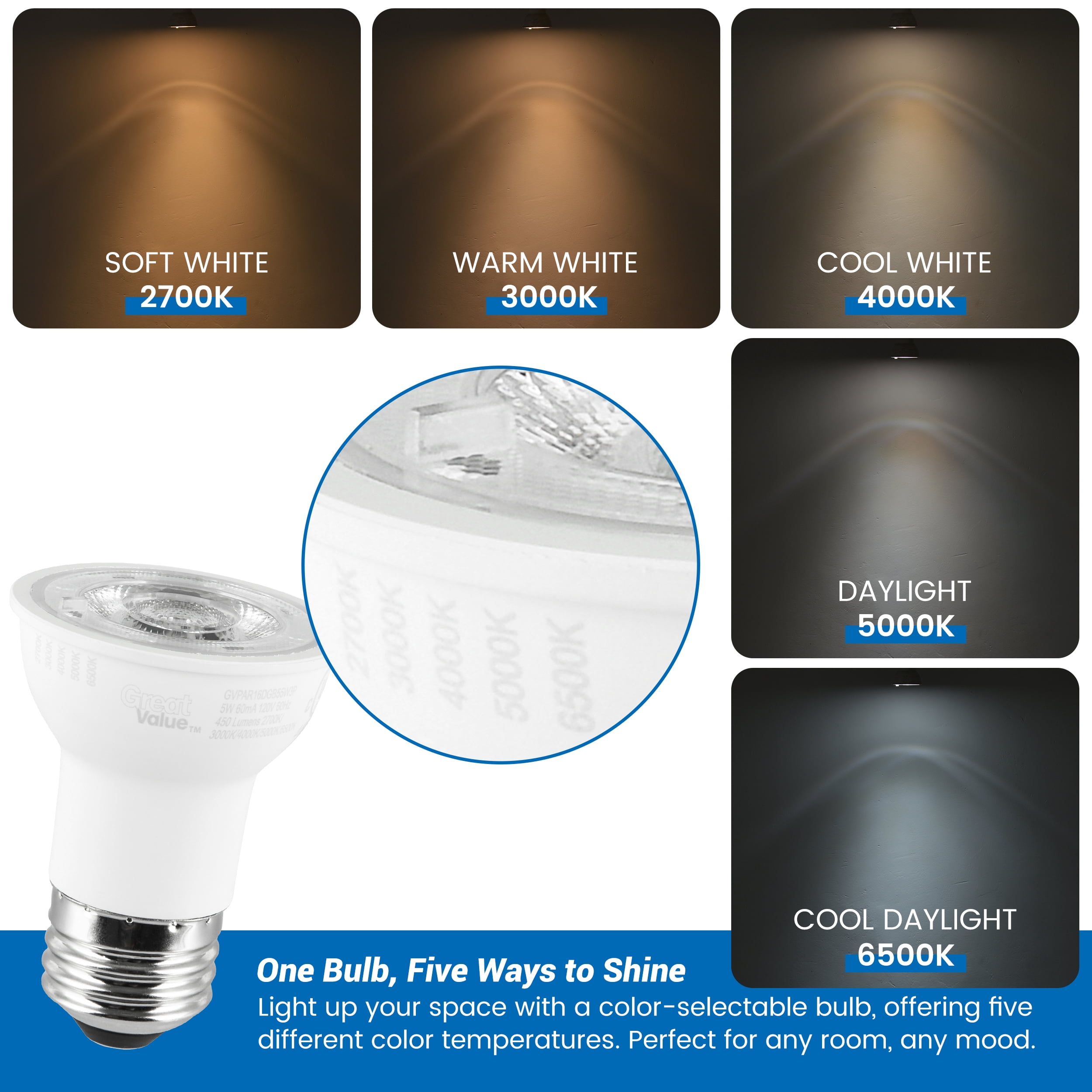 Great Value LED PAR16 5Watts (50W Equiv) 5ACT Indoor Light Bulb, Dimmable E26 Base (3 Pack)