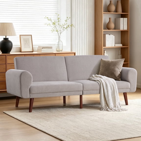 Ebello 81" Mid-Century Corduroy Roll Arm Loveseat, Wood Frame Sofa, Convertible Futon Sofa Bed with 3 Position Adjustable Backrest for Living Room,Grey