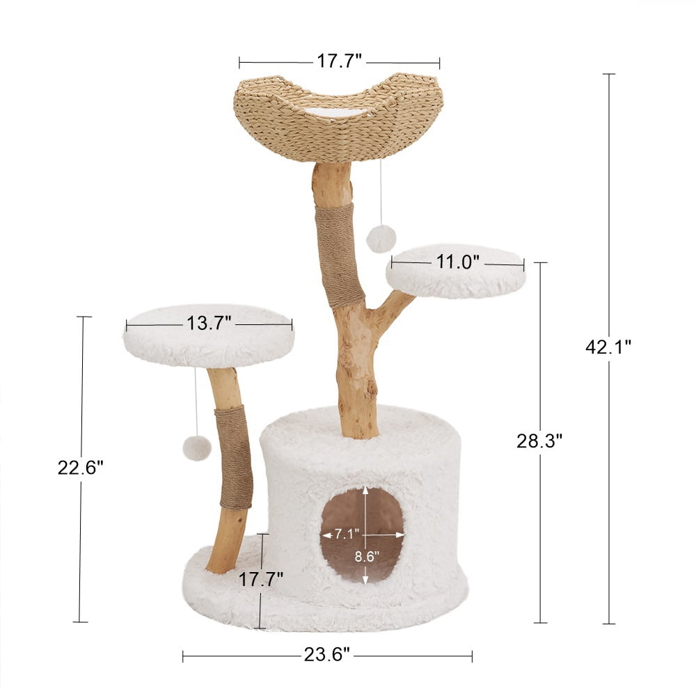 Unipaws Modern Cat Tree Tower for Small and Large Cats, Real Solid Wood Branch Luxury Cat Condo with Scratching Post and Cat Bed
