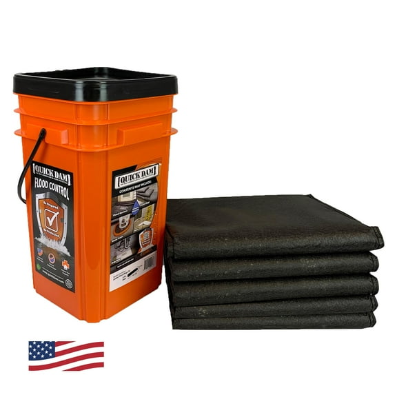 Quick Dam QDGG1248-5 Grab & Go Flood Protection Kit - 5 Single-Use Jumbo 12" x 48" Flood Bags & Reusable Hi-Vis Orange Bucket - Water-Activated Sandless Sandbags for Emergency Flood Control CA2