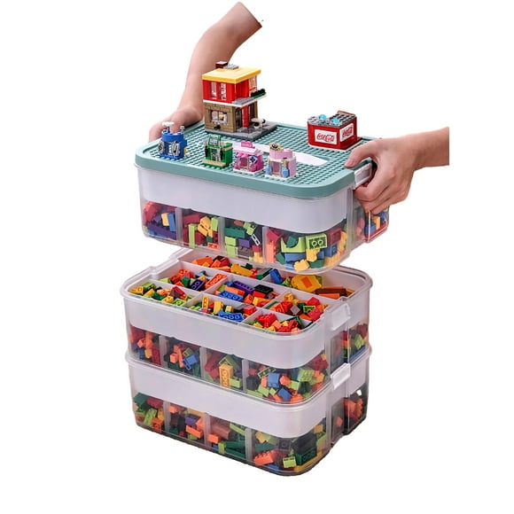 Plastic Storage Organizer for Lego Box Kids Child Toy Stackable Containers with Lids Bins 3 Layers Adjustable Compartments Building Blocks Chest Case