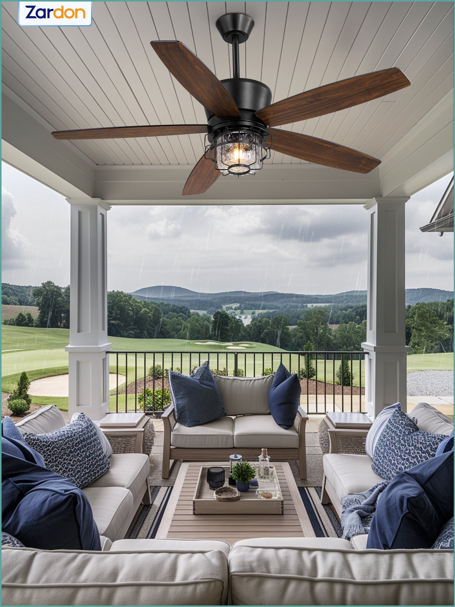 Zardon 52" Gazebo Fan for Patio, Outdoor Ceiling Fan with LED Light and Remote, Farmhouse IP65 Waterproof for Porch, Quiet DC Motor and 6 Speeds, Black