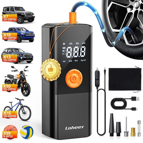 Loheer Tire Inflator Portable Air Compressor, Air Pump for Car Tires 150PSI Cordless with Battery and 12V DC, Electric Bike Pump with Pressure Gauge, Auto Shutoff