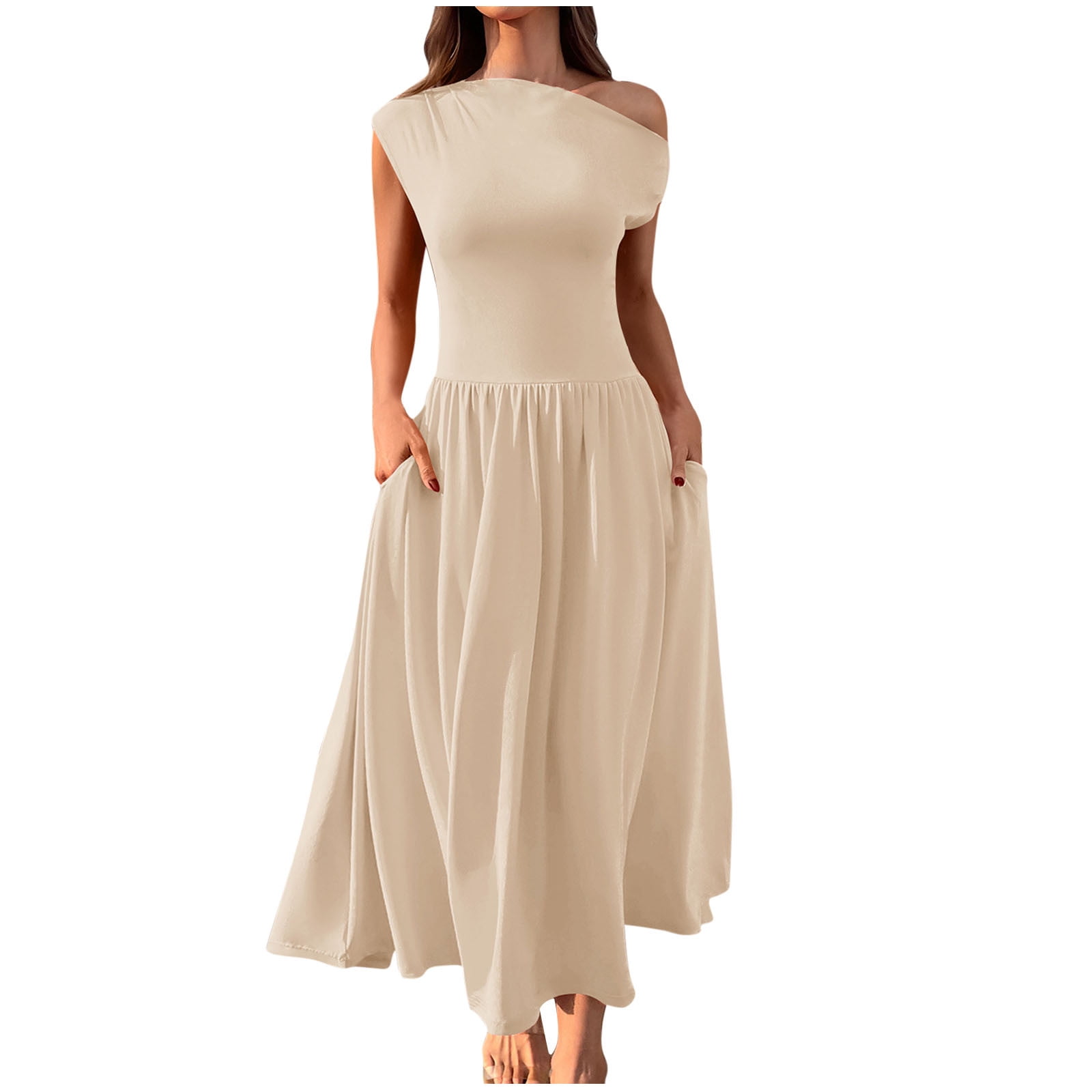 SMihono Trendy Women's Fashion Collared Summer Long Dresses Pleated Flowing Hem Loose Maxi Dress Elegant Beach Clothes Beige M