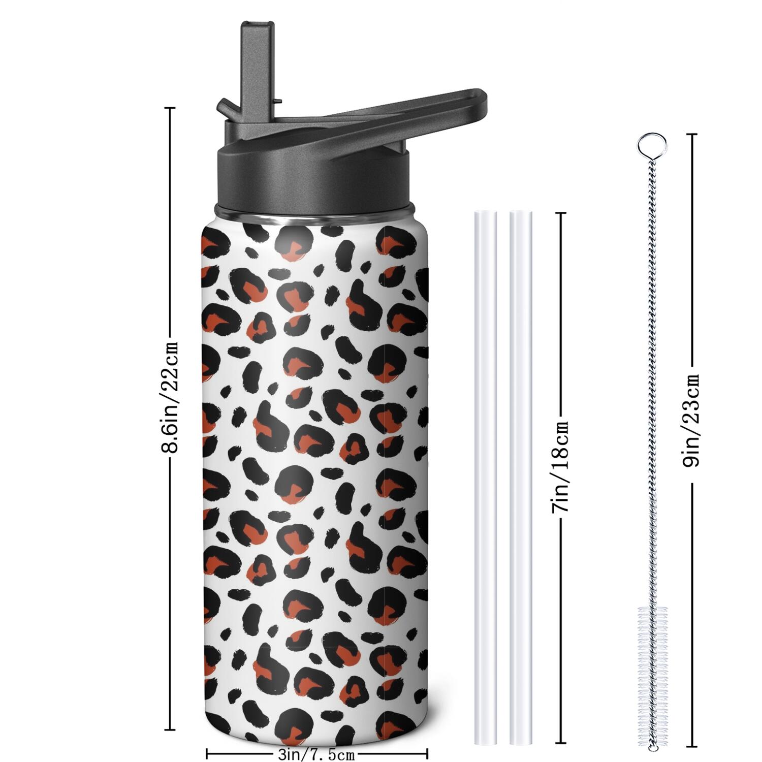 Leopard Print Insulated Stainless Steel Water Bottle with Straw & Cleaning Brush – 18 Oz | Leakproof, BPA-Free, 304 Stainless Steel, Wide Mouth, Travel Mug for Car, Gym, Office