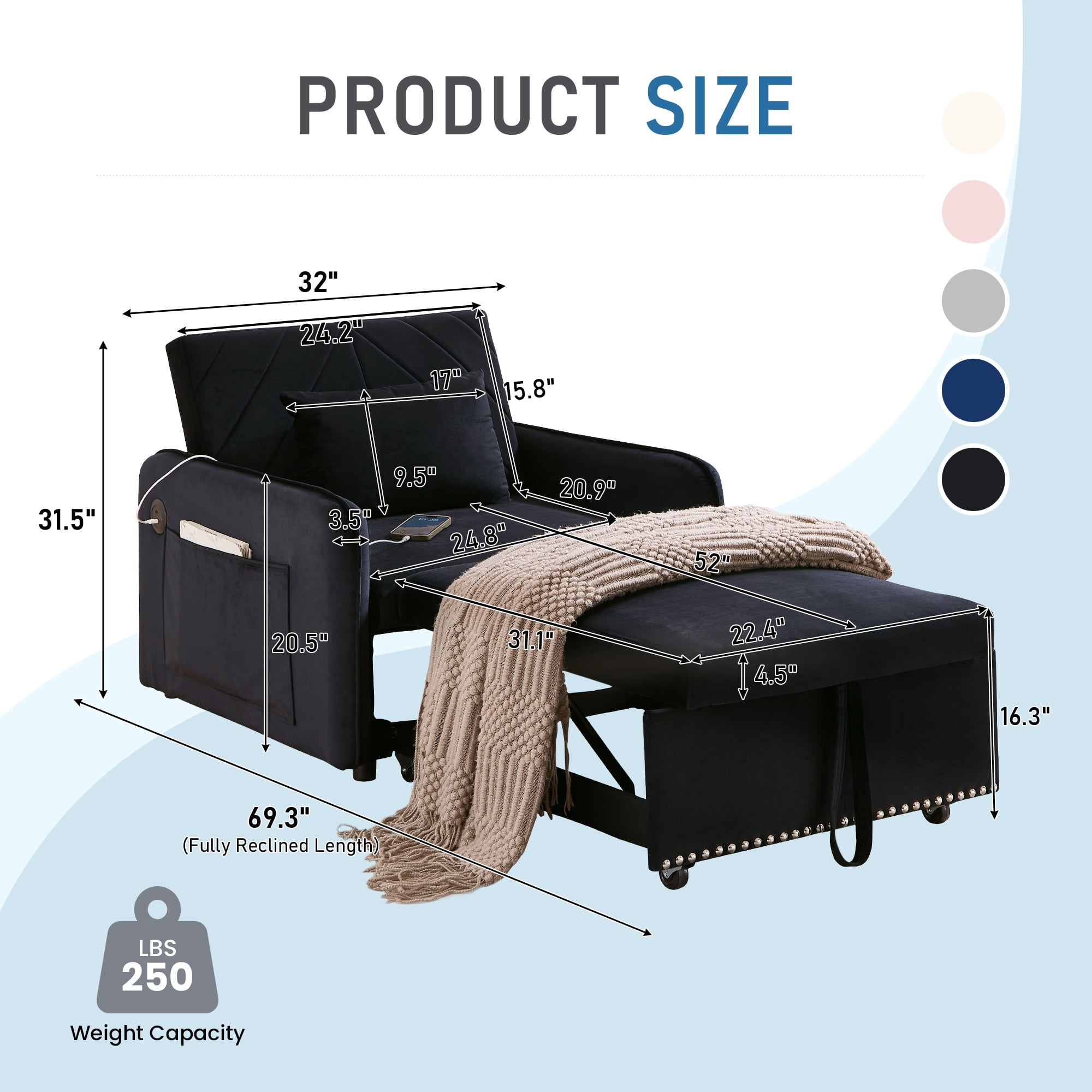 Lunale 3-in-1 Convertible Sleeper Chair Bed, Indoor Lounge Chair with USB/Type-C, Black Velvet