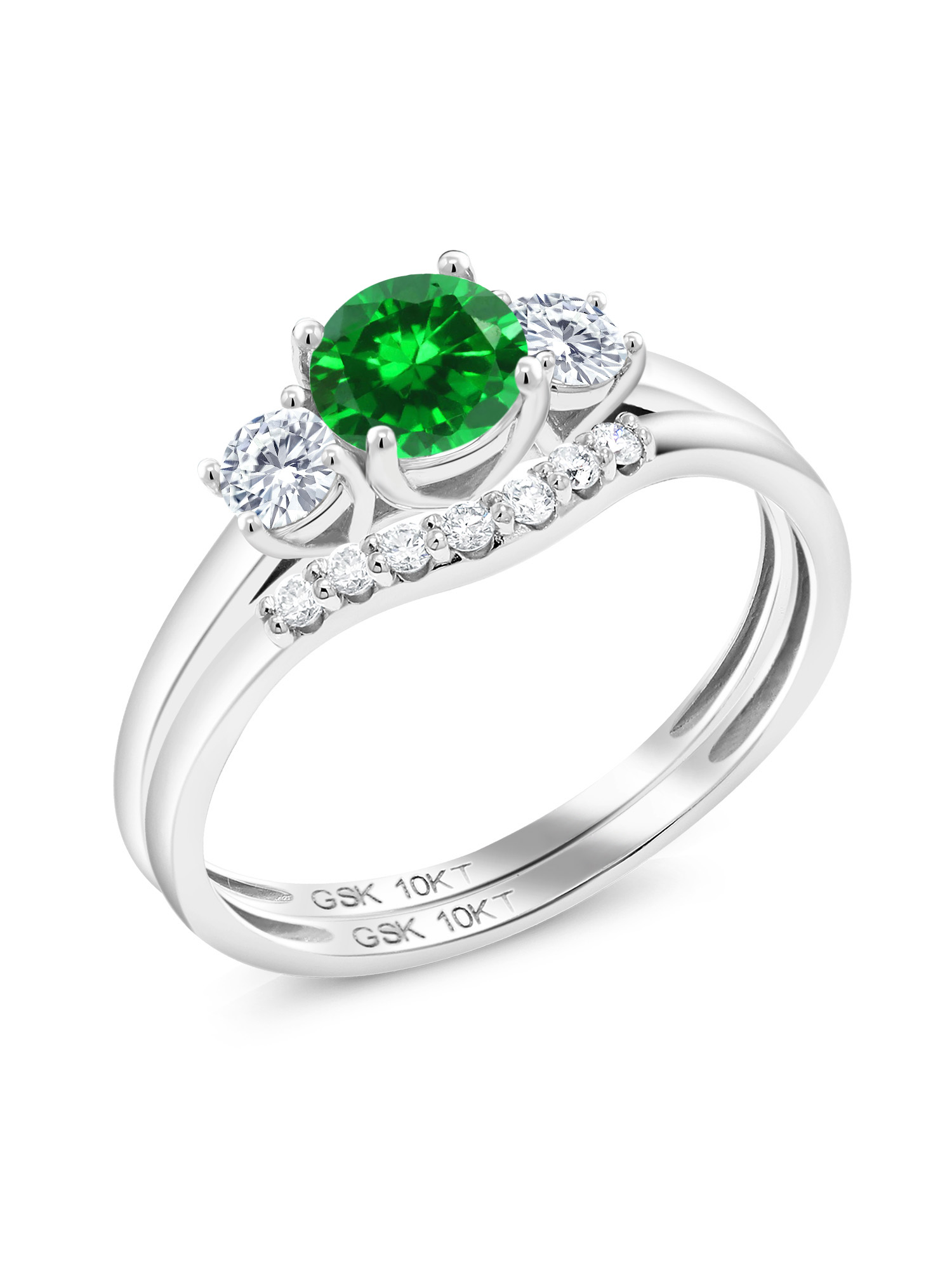 Gem Stone King 10K White Gold Round Green Created Emerald And Lab Grown 